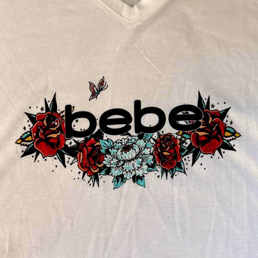 Bebe Women's White T-shirt With Flower Detail Size 2XL